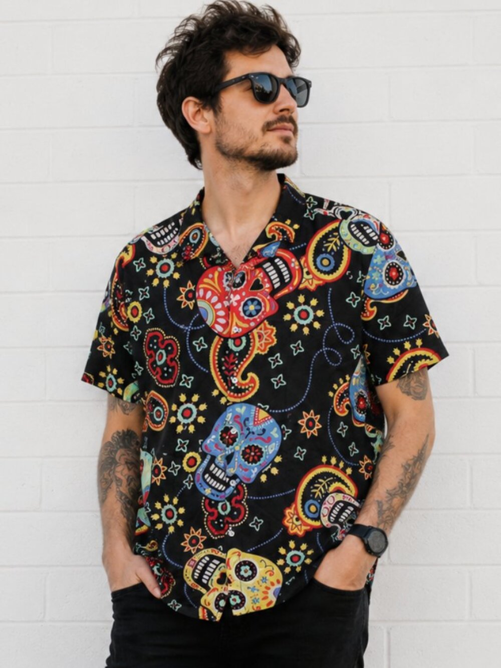 NWOT Ouku Men's 2XL Sugar Skull Day of the Dead Colorful Camp Short Sleeve Shirt